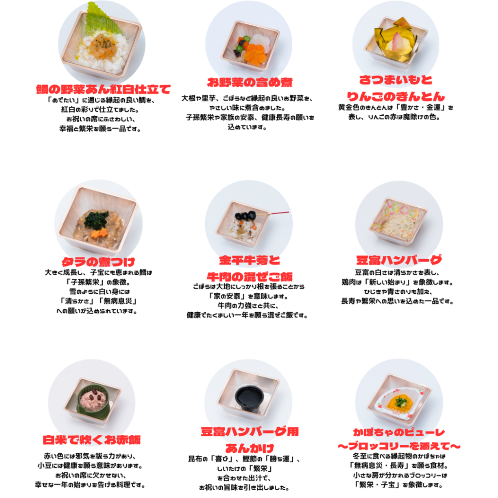 離乳食おせち8品の紹介。鯛の野菜あん紅白仕立て、お野菜の含め煮、さつまいもとりんごのきんとん、タラの煮つけ、金平牛蒡と牛肉の混ぜご飯、具沢山あんかけ豆富ハンバーグ、白米で炊くお赤飯、かぼちゃのピューレを紹介した商品画像。